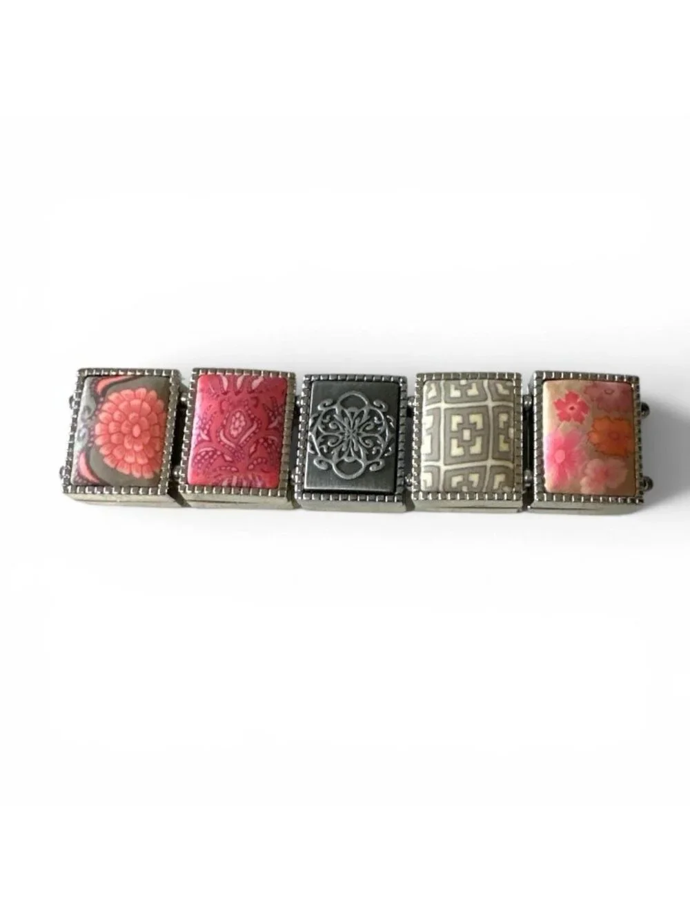 JILZARA Handmade Clay Bead Large Square Stretch Bracelet Pink Orange Gray Floral